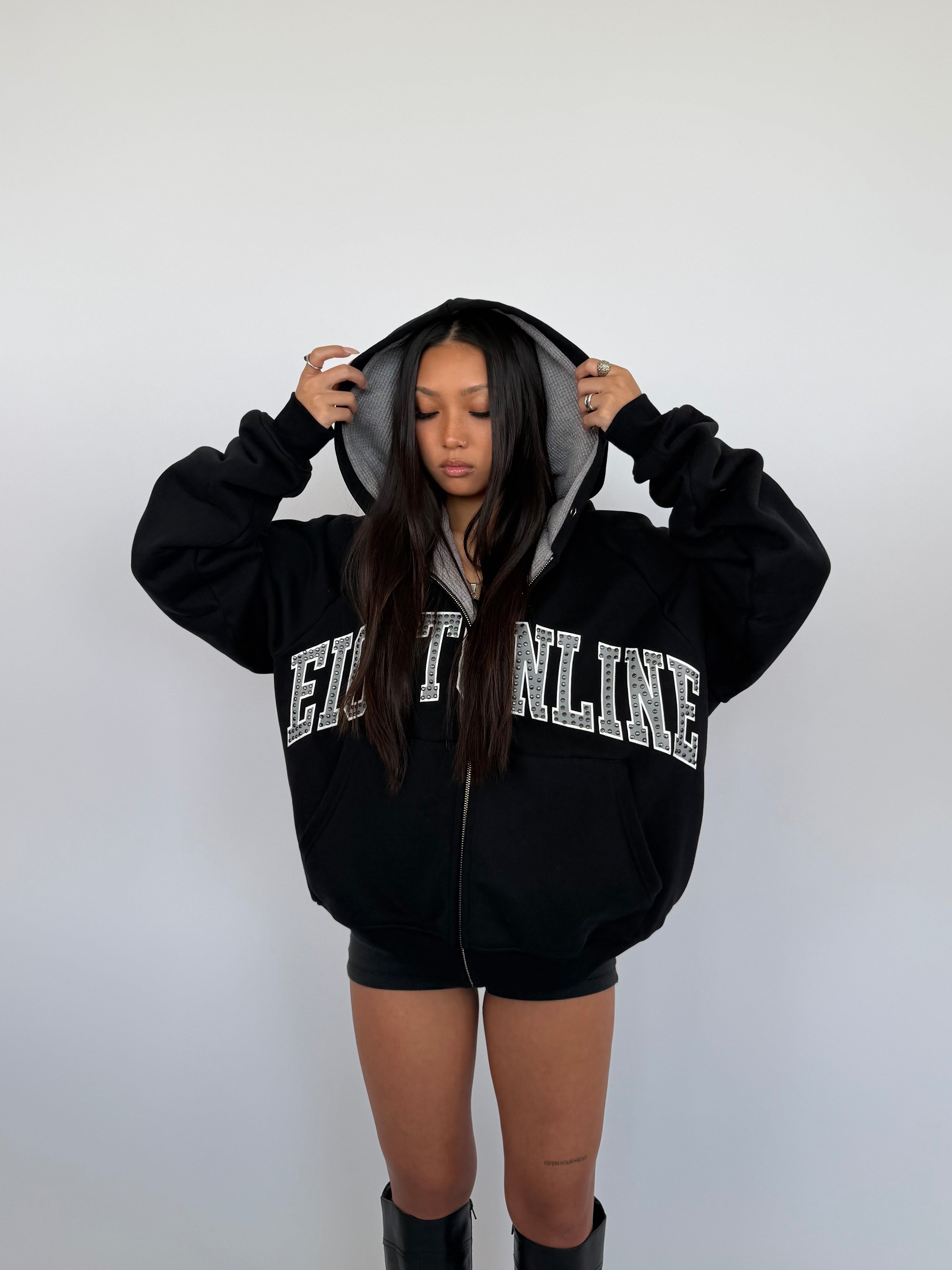 STUDDED LOGO ZIP-UP HOODIE