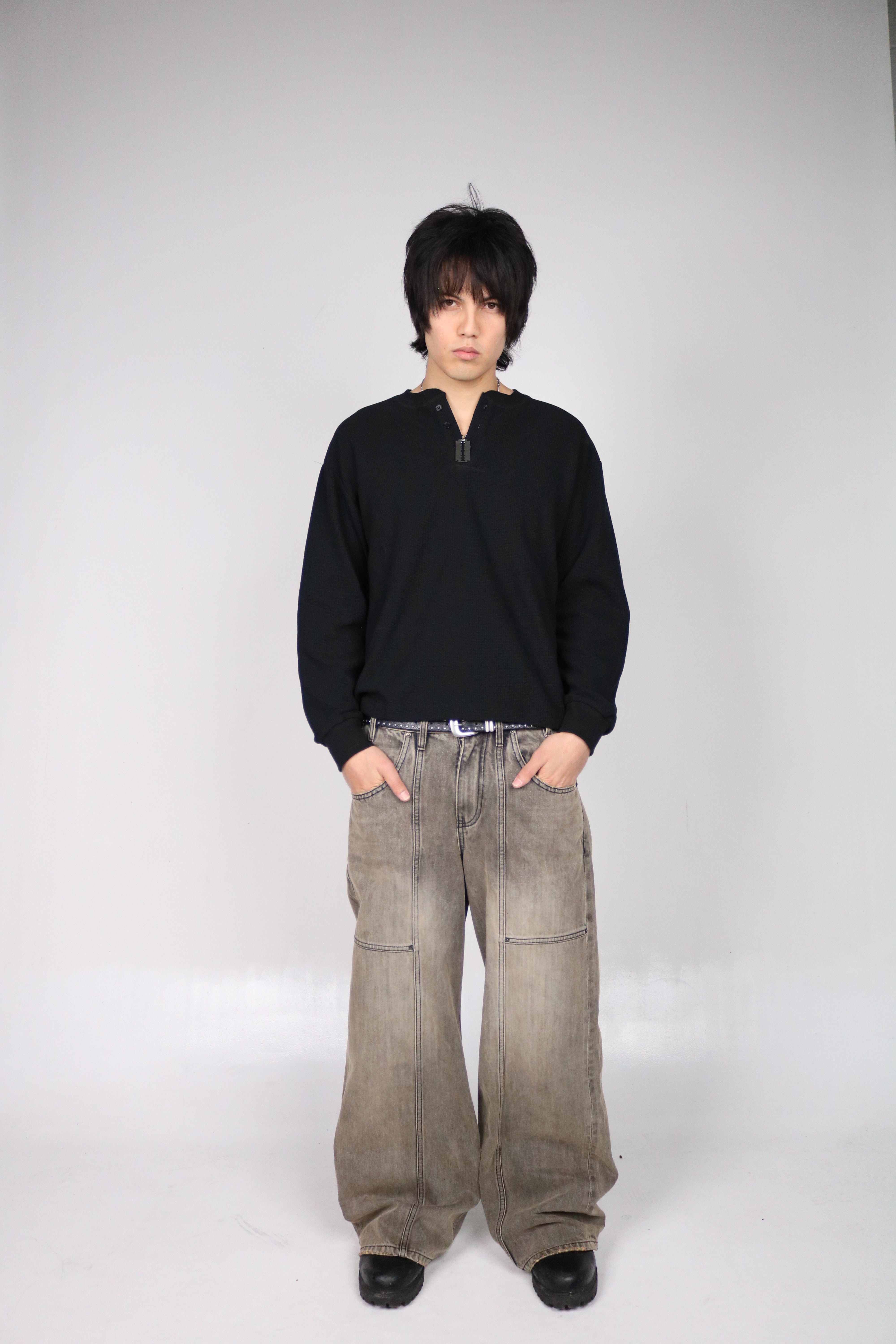 Black Waffle Knit Henley