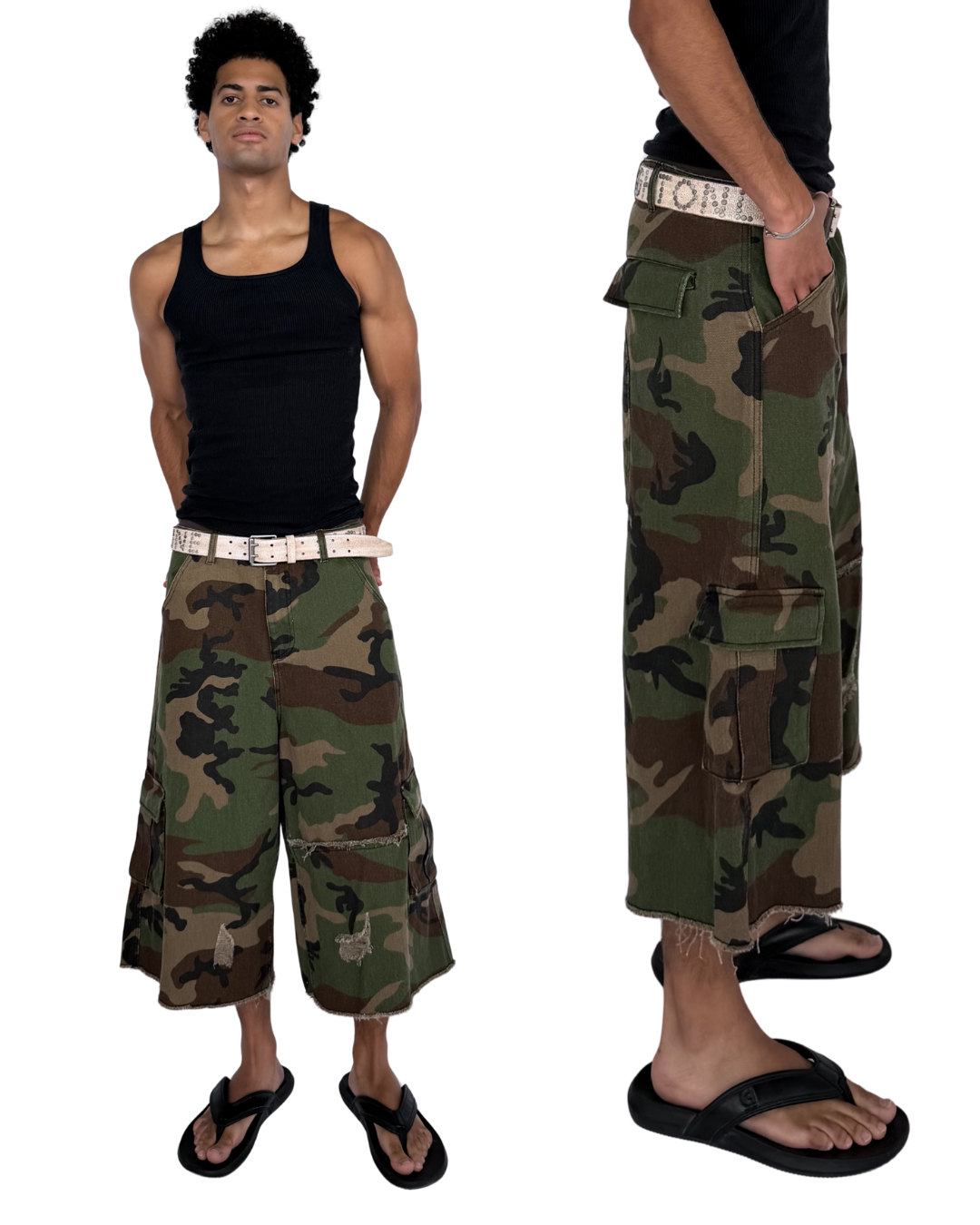 DISTRESSED CAMO CARGO SHORTS